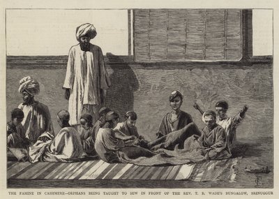 Hungersnøden i Cashmere, foreldreløse barn som blir lært å sy foran pastor T R Wades bungalow, Srinuggur av Charles Edwin Fripp