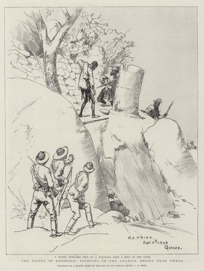 The Rising in Rhodesia, kjemper i Granite Kopjes nær Gwelo av Charles Edwin Fripp