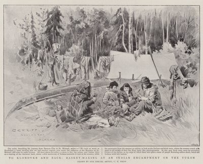 Til Klondyke og tilbake, kurvfremstilling ved et indisk leirsted på Yukon (litho) av Charles Edwin Fripp