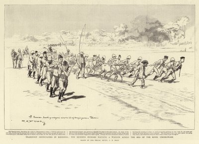 Transportvansker i Rhodesia, de syvende husarene som drar en vogn over elven Umzingwane av Charles Edwin Fripp