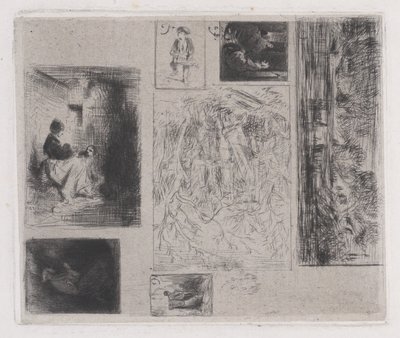 Komposittplate: Kvinne og barn a, Gammel Musiker b, Stekehandler c, Landskap ..., 1843. av Charles Emile Jacque