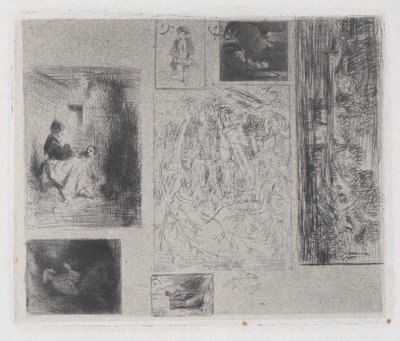 Komposittplate: Kvinne og barn a, Gammel Musiker b, Stekehandler c, Landskap ..., 1843. av Charles Emile Jacque
