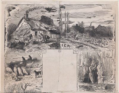februar fra Album of Rustic Subjects, 1859. av Charles Emile Jacque