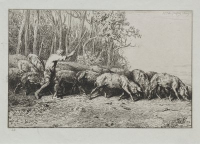 flokk med griser som forlater en skog av Charles Emile Jacque