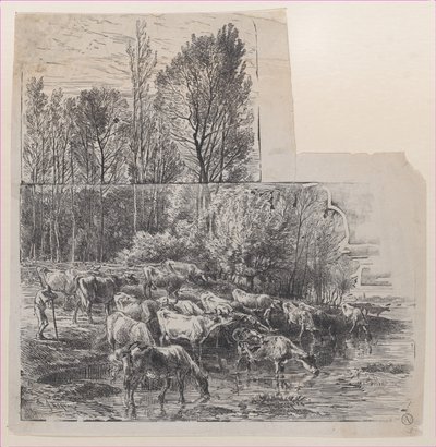 Gjeter og storfe på Ford, ca. 1850. av Charles Emile Jacque