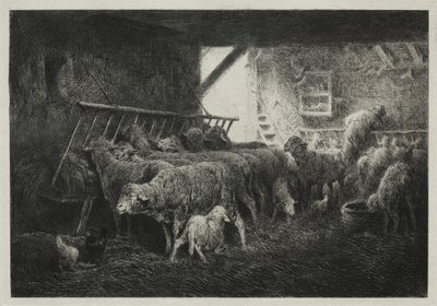 Interiør i saueinnhegning. av Charles Emile Jacque