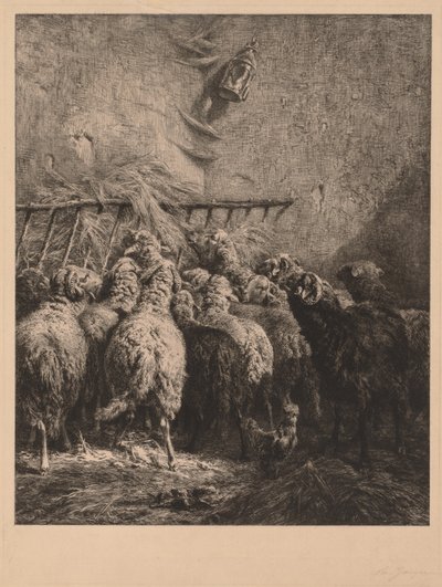 Interiør i saueinnhegning. av Charles Emile Jacque
