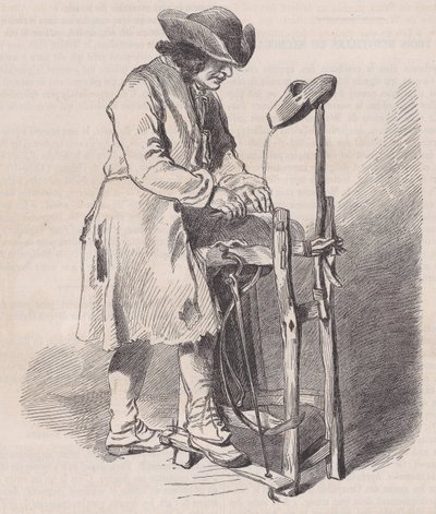 Louvre-museet, samling av tegninger, Le Remouleur, av Watteau, fra Magasin Pitto..., ca. 1852. av Charles Emile Jacque