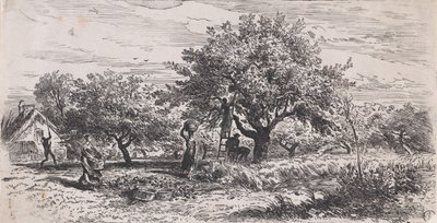 Plukke frukt fra tre utenfor hytte, ca. 1852. av Charles Emile Jacque