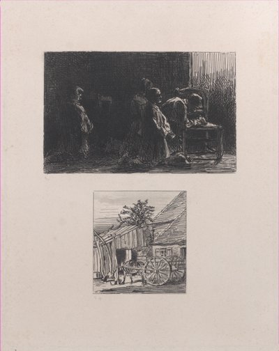 Bønn øvre, vogn foran et hus nedre, 1845. av Charles Emile Jacque