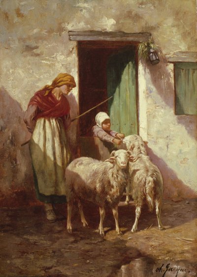 Gjeterinne med et barn og to sauer av Charles Emile Jacque