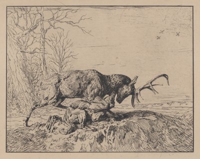 Stag Fighting a Wolf, etter Antoine Louis Barye, 1846. av Charles Emile Jacque