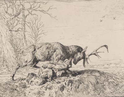 Stag Fighting a Wolf, etter Antoine Louis Barye, 1846. av Charles Emile Jacque