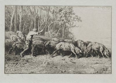 En flokk med porer som kommer ut av en skog. av Charles Emile Jacque