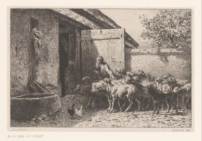 Kvinne fører sauer til stallen Bergerie av Charles Emile Jacque