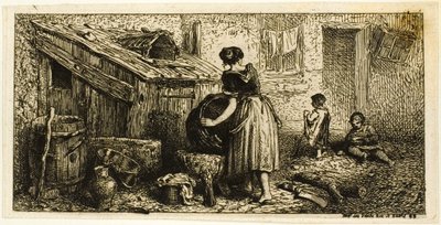 Kvinne vaskepotter, med barn av Charles Emile Jacque