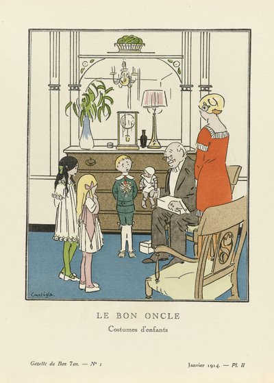 Den gode onkel. Barnekostymer fra La Gazette du Bon Ton, pub. 1914 (sjablongertrykk) av Charles Emile called Carlegle Egli