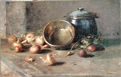 Stilleben (Crock, Kettle and Onions) (olje på lerret) av Charles Ethan Porter