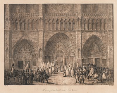 Flagg tatt på Austerlitz Mottatt på Notre Dame, tidlig på 1800-tallet (litho) av Charles Etienne Pierre Motte