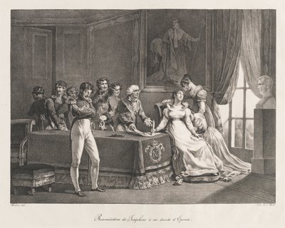 Josephine gir avkall på rettighetene sine, tidlig 1800-tallet (litho) av Charles Etienne Pierre Motte