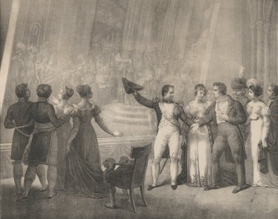 Napoleon og Josephine på besøk i Davids studio, 4. januar 1808, ca. 1820-30. av Charles Etienne Pierre Motte