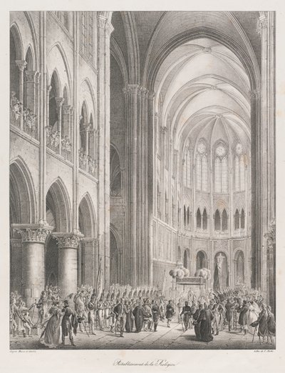 Reetablering av kirken, tidlig 19 århundre (litho) av Charles Etienne Pierre Motte