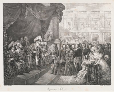 Mottak av Directoire, tidlig 19 århundre (litho) av Charles Etienne Pierre Motte