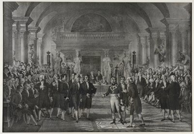 Reception of Napoleon Bonaparte at the Institute, class of physics and mathematics, section of mechanical arts on December 25 av Charles Etienne Pierre Motte