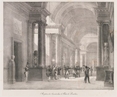 Resepsjon av Savants, tidlig på 1800-tallet (litho) av Charles Etienne Pierre Motte