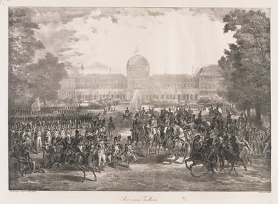 Gjennomgang av Tuileriene, tidlig på 1800-tallet (litho) av Charles Etienne Pierre Motte