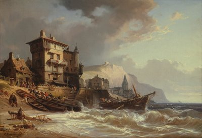 Haling båtene i land på kysten av Bretagne, 1800-tallet av Charles Euphrasie Kuwasseg