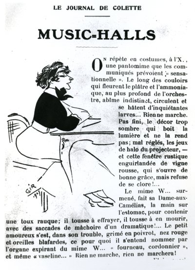 Karikatur av Colette fra essayet hennes om Music-Halls in Vrilles de la Vigne, publisert i La Vie Parisienne, Paris, 1908 av Charles Felix Gir