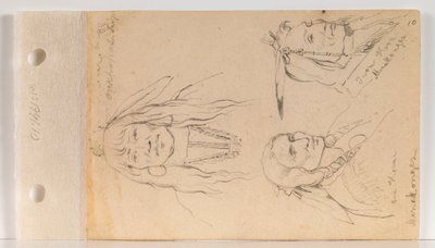Portretter av Mato Chuthuhu (bjørnens ribben), Ha won je tah (ett horn/ensomt horn) og Heh Mah Zah (jernhorn) (blad 10 recto) av Charles Ferdinand Wimar