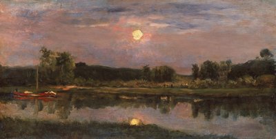 A Moonlit River Landscape, ca. 1855 (olje om bord) av Charles Francois Daubigny