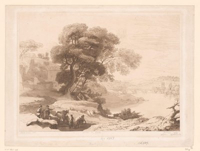 Landskap med gjetere og storfe på kanten av en elv av Charles Francois Daubigny