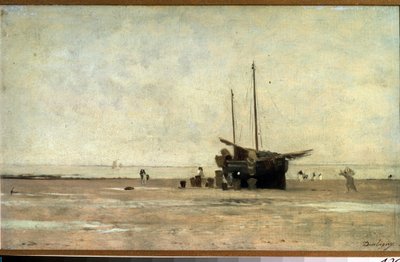 ""Seascape"" En seilbåt på sanden ved lavvann. Maleri av Charles Francois Daubigny (1817-1878) 1868-1872 Pushkin-museet, Moskva av Charles Francois Daubigny