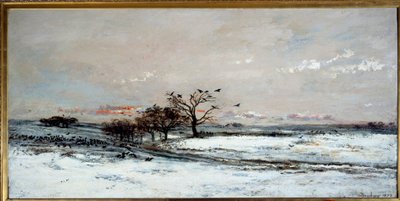 Snølandskap i solnedgangen. Maleri av Charles Francois Daubigny (1817-1878) av Charles Francois Daubigny