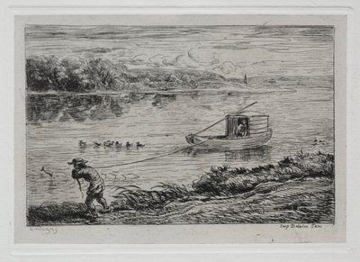 Båtturen: Cabin Boy Hauling the Tow-Rope eller Hauling by Rope, 1861. av Charles Francois Daubigny