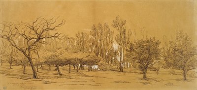 Utsikt over en frukthage ved Saint-Denis (penn og svart blekk, forsterket med hvit kroppsfarge og berørt med svart kritt eller kull, på stivt off-white papir) av Charles Francois Daubigny
