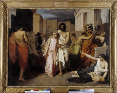 Ødipus og Antigone sier også "Thebenes pest"". Ødipus flykter fra innbyggernes forbannelse av Charles François Jalabert