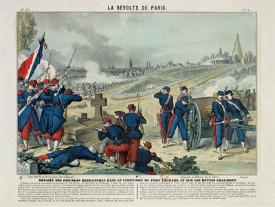 Nederlag for opprørerne forankret på kirkegården i Pere Lachaise og på Chaumont Hill, 1871 (fargegravering) av Charles Francois Pinot