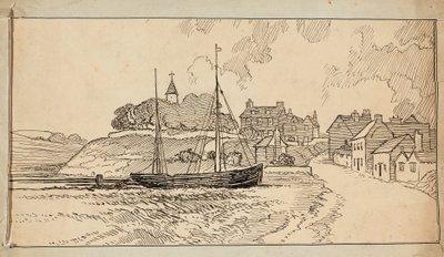 En seilbåt på stranden ved lavvann, ved en bane som fører opp mot en landsby av Charles George Harper