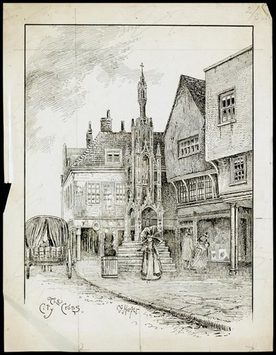 En utsikt fra nord-vest for Butter Cross, High Street, Winchester, Hampshire (penn og blekk på papir) av Charles George Harper