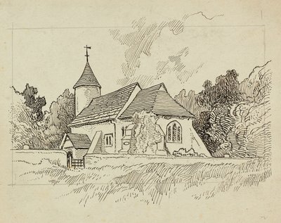 Utvendig visning av en uidentifisert kirke (penn og blekk på papir) av Charles George Harper