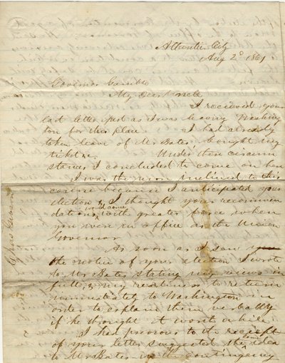 Brev signert C. Gibson [Charles Gibson], Atlantic City, til guvernør Gamble [Hamilton R. Gamble], 2. august 1861 av Charles Gibson