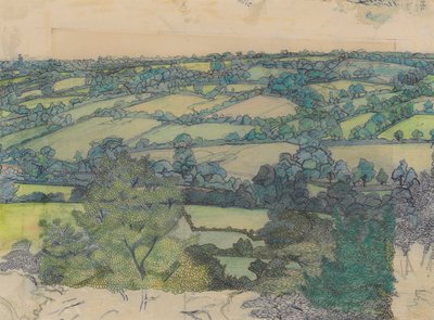 Applehayes, ca. 1912 (blyant, fargestift, penn og blått blekk på papir) av Charles Ginner