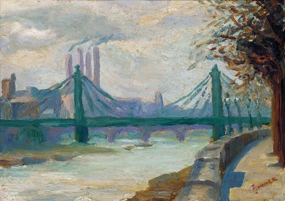 Battersea Power Station fra Chelsea Embankment (olje på panel) av Charles Ginner