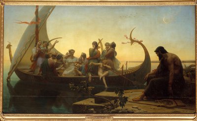 Tapte illusjoner eller kveld En allegorisk scene som skildrer karakterer på en avgående drakkar, en mann blir ved kaien med en lyre. Maleri av Charles Gleyre (1806-1874) Søn fra 1800-tallet. 1,56x2,38 m av Charles Gleyre