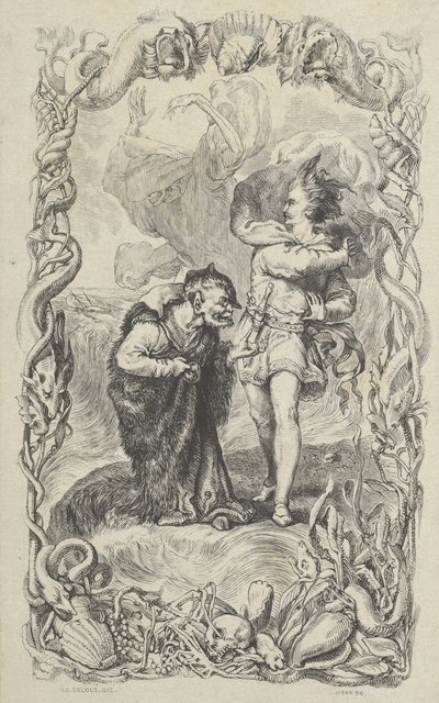 Illustrasjon til stormen: Caliban, Ferdinand og Ariel, 1836. av Charles Gray
