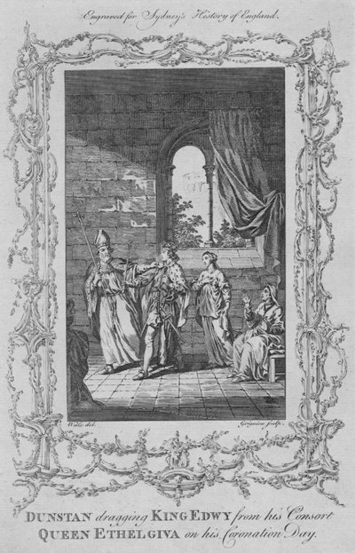 Dunstan drar kong Edwy fra sin konedronning Ethelgiva på kroningsdagen hans, 1773. av Charles Grignion